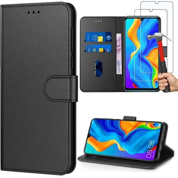 Fodral för Huawei P30 (6,1") + 2 härdade glasögon Lädereffekt Stötsäker hel plånbok Svart Svart
