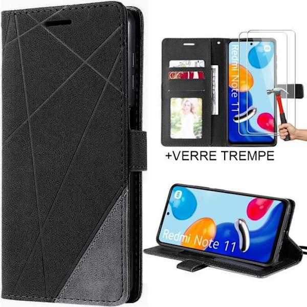 Skyddskal - Xiaomi - Redmi Note 11 - Lädereffekt - Pack med 2 härdade glas - Svart Svart