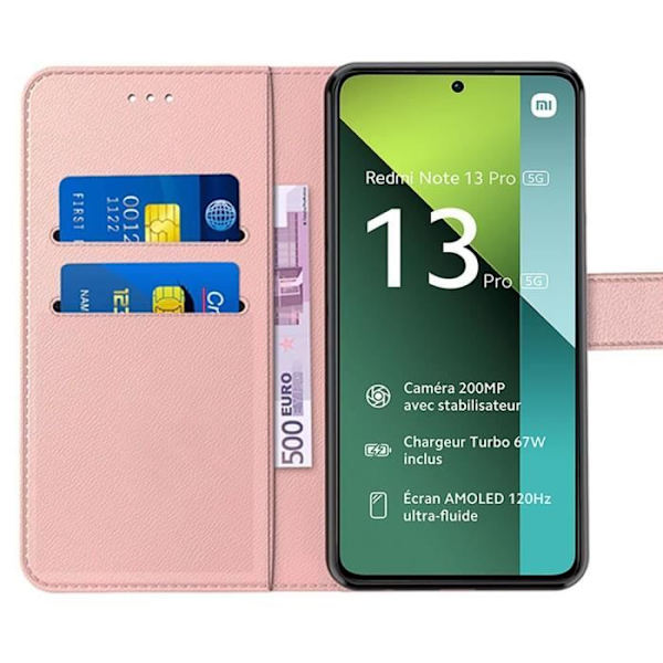Fodral + 2 härdade glasögon för Xiaomi Redmi Note 13 Pro 5G (ej för 4G), stötsäkert PU-läder med kortficka, rosa