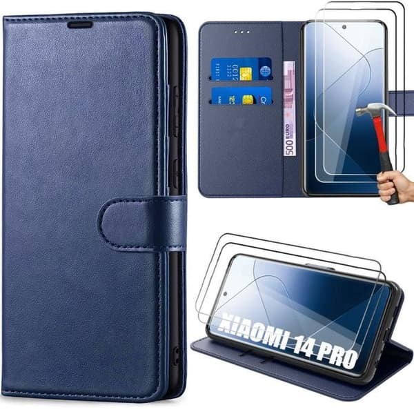 Coque för Xiaomi 14 Pro - Marinblå - Stötsäker Plånboksfodral - PU-Läder - Ställ - 2 Härdade Glas marinblå