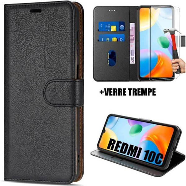 Fodral för Xiaomi Redmi 10C + 2 härdade glasögon, svart lädereffektskydd Magnetisk stängning Svart