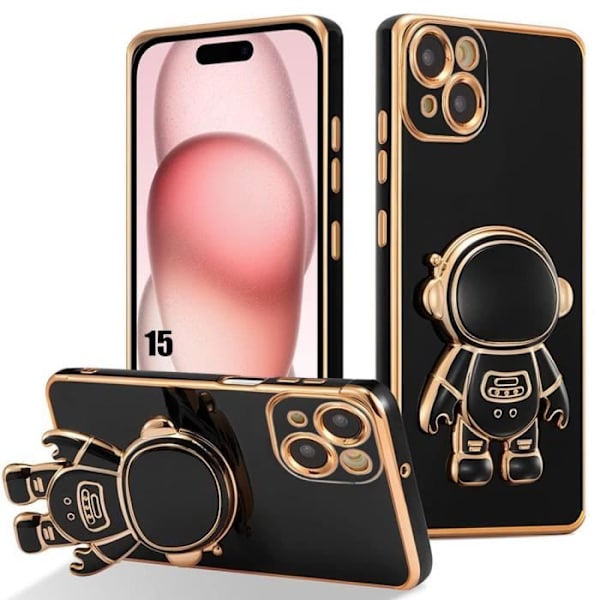 Silicone Skal - iPhone 15 - Stötdämpande - 3D Astronaut Stöd - Svart - Guldpläterade Kanter Svart