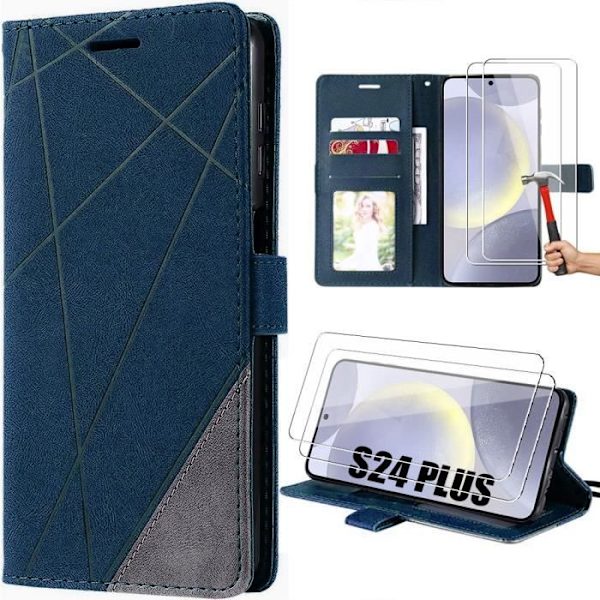 Coque til Samsung Galaxy S24 Plus - MÆRKE - PU Læder Mørkeblå - 2 Tempererede Glas - Magnetlukning marinblå