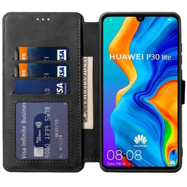 Etui til Huawei P30 Lite (6,15") lædereffekt Shockproof Full Wallet Black Svart