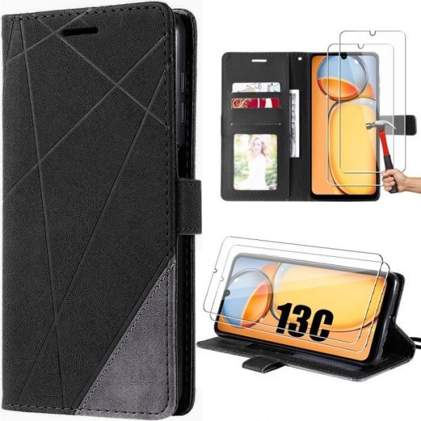 Cover til Xiaomi Redmi 13C - Sort - Retro Læder Effekt - Stødbeskyttelse - Støtte - Kortholder Svart