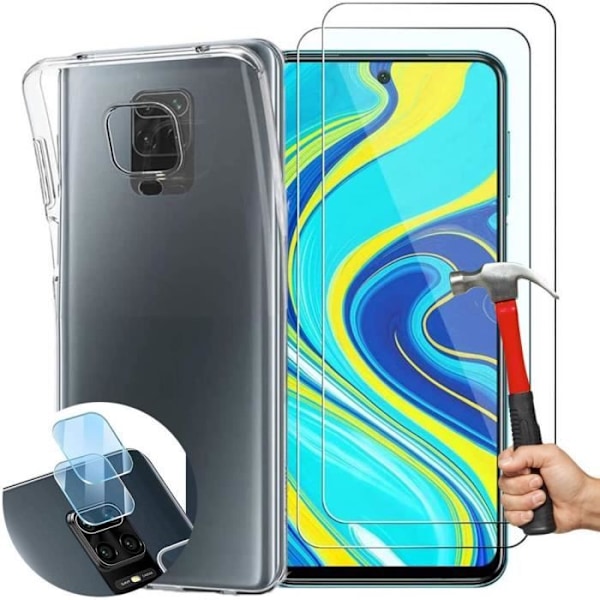 Silikonetui til Redmi Note 9 Pro - Note 9S + 2 hærdede briller + 2 linseglas bagved Transparent