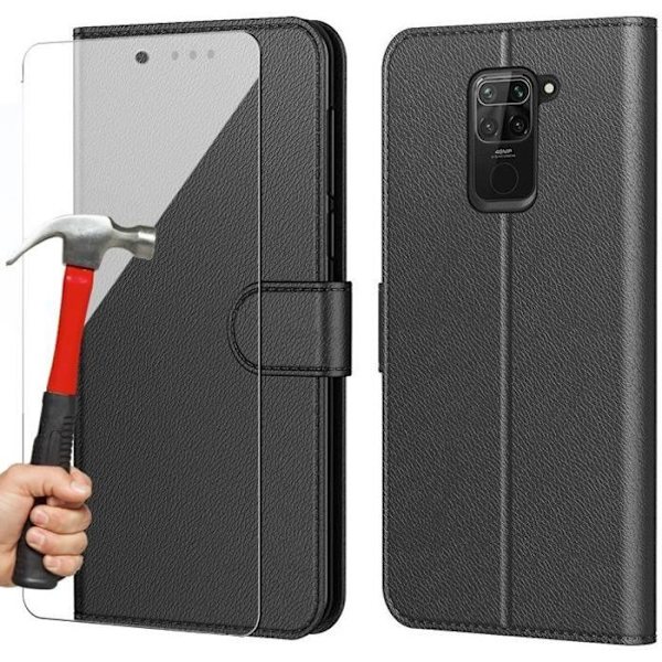 Fodral för Redmi Note 9 (6,53") Härdat glas ingår Svart lädereffekt Trendig design Magnetstängning Förstärkt kant Svart