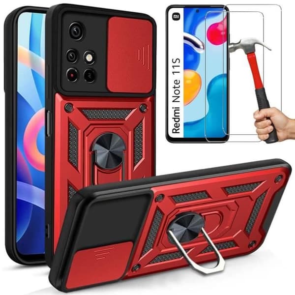 Coque och Glas - E.F.CONNECTION - För Xiaomi Redmi Note 11S - Röd Militärstil - Repellerande - Ringstöd Röd