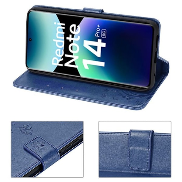 Coque + 2 Glas i Tempererat för Xiaomi Redmi Note 14 Pro Plus 5G/Note 14 Pro+ 5G, Mörkblå Syntetläder Med Fjärilsmönster marinblå