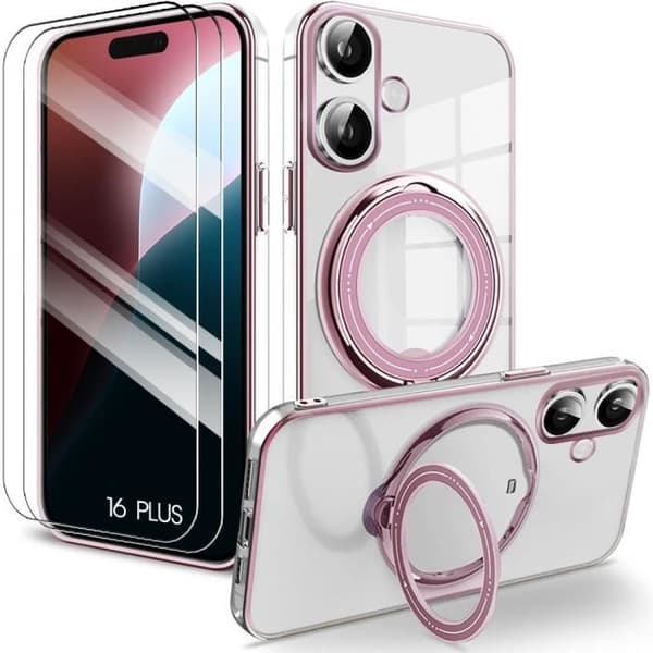 Coque - Rosa - för iPhone 16 Plus - Silikon Stöttålig - Magnetiskt Stöd - 2 Härdat Glas Rosa