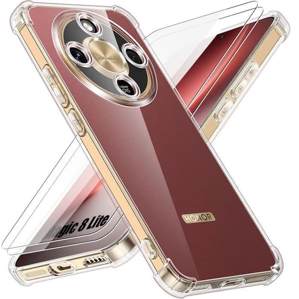 Coque + 2 Doppade Glas för Honor Magic 8 Lite, Slitstark Silikon Stötsäker Med Förstärkta Hörn Transparent