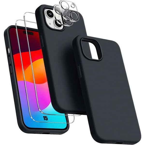 Cover til iPhone 15 TPU Sort + 2 hærdede briller og 2 bagkamerabeskyttelse