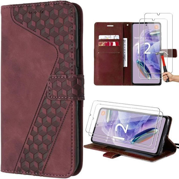 Coque för Xiaomi Redmi Note 12 Pro Plus 5G - Röd - PU Läder Folio Skal - Justerbart Ställ - 2 Härdade Glas Röd