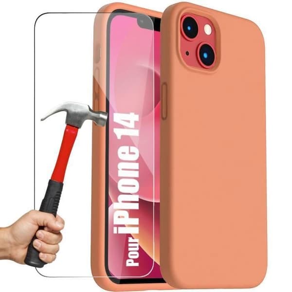 Skyddshölje - E.F.CONNECTION - för iPhone 14 - Flexibelt - Matt Orange - 2 Härdat Glas Orange