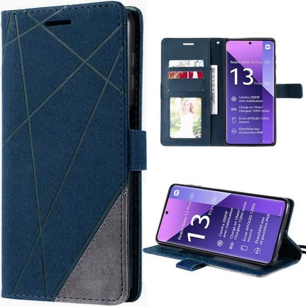 Coque - E.F.CONNECTION - För Xiaomi Redmi Note 13 Pro+ 5G - Stötsäker - Justerbar ställning - Marinblå PU-läder marinblå