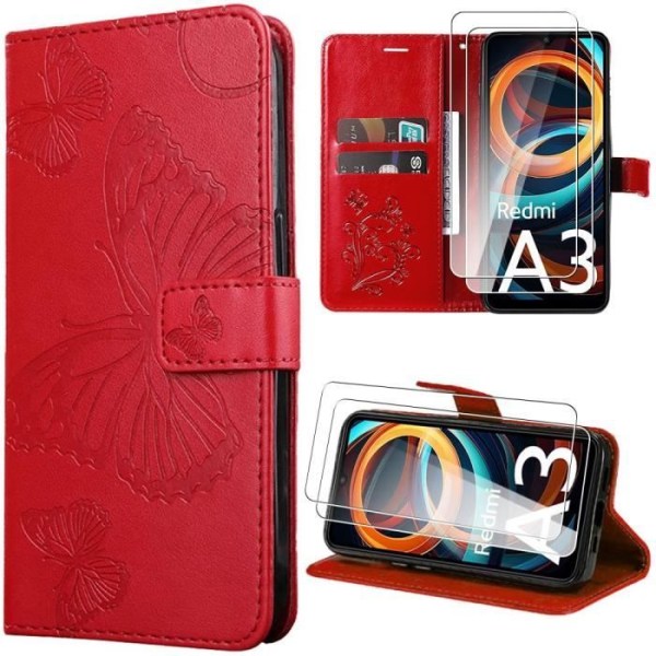 Fodral för Xiaomi Redmi A3, rött, konstläder med fjärilsmönster med kortplatser och stativ + 2 härdade glasögon Röd