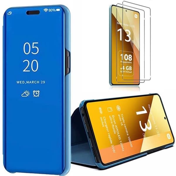 Coque - E.F.Connection - för Xiaomi Redmi Note 13 5G - Stöttålig - Smart Case Clear View 360° - Blå - med 2 Härdade Glas Blå
