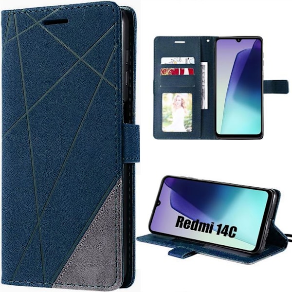 Cover til Xiaomi Redmi 14C, 360 Graders Anti-Ridse Beskyttelse Kunstlæder Mørkeblå marinblå