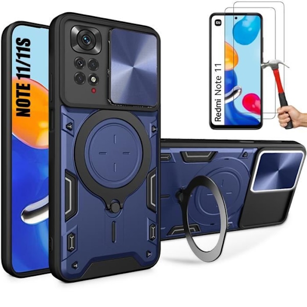 Fodral + 2 härdade glasögon för Xiaomi Redmi Note 11-11S, fodral med stödring kameraskydd - Marinblå