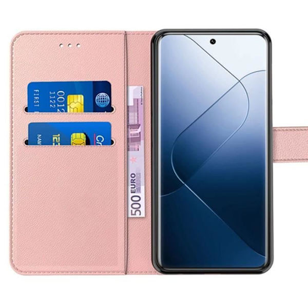 Coque - Xiaomi - 14 Pro - Stötte tålig - PU-läder - Kortficka - Stöd Rosa