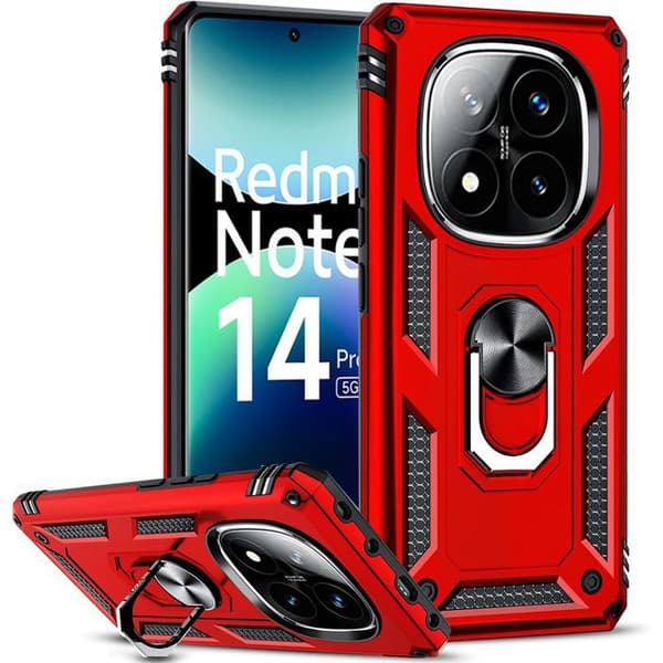 Coque Silikon - E.F.CONNECTION - För Xiaomi Redmi Note 14 Pro+ 5G - Stöttålig - Styv - 360° roterande ring Röd