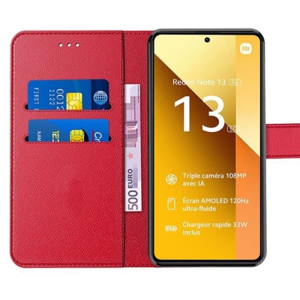 Etui til Xiaomi Redmi Note 13 5G (ikke til 4G) + 2 hærdet glas, PU-læderetui med kortlomme - Rød