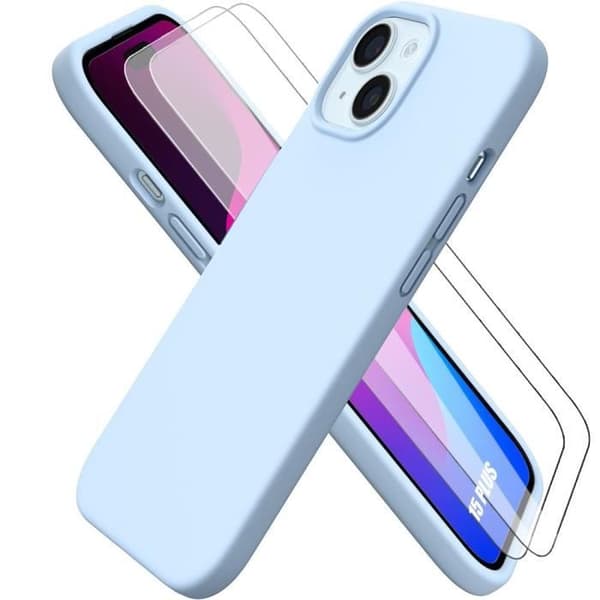 Coque - Hölster - för iPhone 15 Plus - TPU - 2 Härdat Glas - Ljusblå Himmelsblå