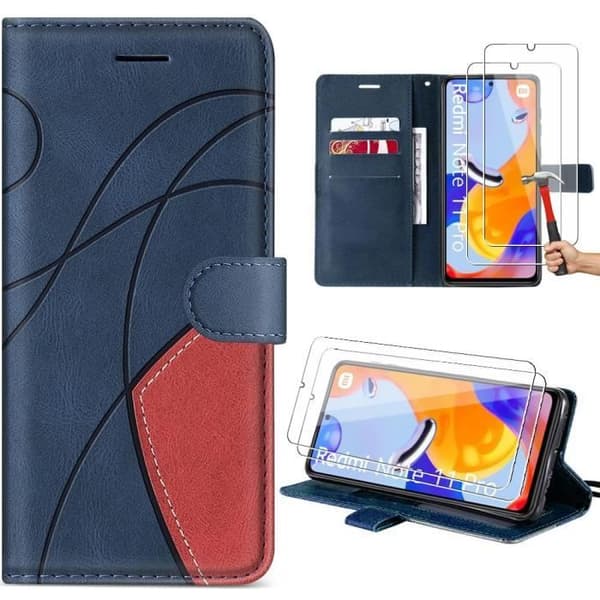 Coque - E.F.CONNECTION - För Xiaomi Redmi Note 12 Pro 4G - Imiterat läder - Kortfack - 2 härdade glas marinblå