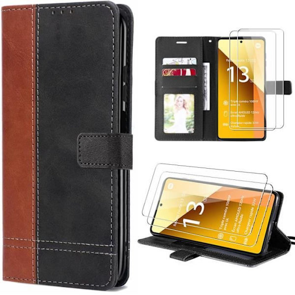 Coque + 2 Våde Glas - E.F.Connection - Redmi Note 13 5G - Bicolor PU Læder Etui - Fleksibel - Magnetisk Brun svart