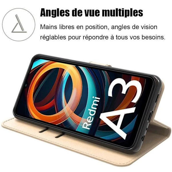 Skyddsskal - Xiaomi - Redmi A3 - PU-läder - Stötsäker - Flera positioner stöd gyllene