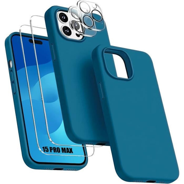 Fodral för iPhone 15 Pro Max TPU Blå + 2 härdade glasögon och 2 bakre kameraskydd