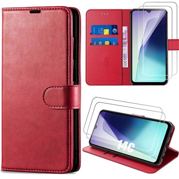 Coque + 2 Glaser Dipped til Xiaomi Redmi 14C - Flip Case Stødabsorberende Syntetisk Læder Rød Röd