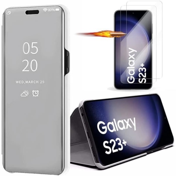 2 hærdet glas + etui til Samsung S23 Plus (S23+) Silver Clear View Elegant anti-ridse Silver