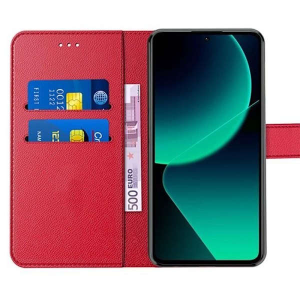 Coque til Xiaomi 13T - Xiaomi - Stødabsorberende PU Læder Etui Rød - Kortholder - 2 Tempered Glas Röd