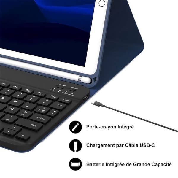 Tangentbordsskal - E.F.CONNECTION - iPad A16 (11") / iPad 10 2022 - PU-läder Marinblå - Bluetooth - AZERTY