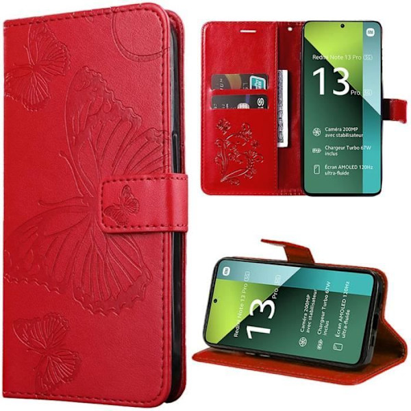 Coque för Xiaomi Redmi Note 13 Pro 5G - Röd - Stöttålig - Konstläder - Handsfree-stöd - Fjärilsdesign Röd