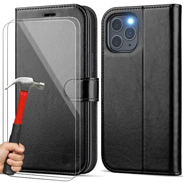 Fodral för iPhone 15 Pro Max + 2 härdade glasögon, svart lädereffektskydd Magnetisk stängning