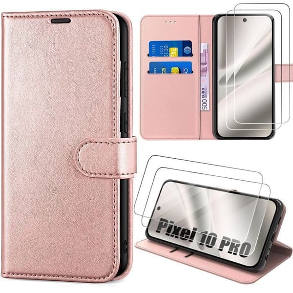 Coque Rabat - E.F.Connection - för Google Pixel 10 Pro - Stöttålig Syntetläder Rosa - 2 Härdade Glas Rosa