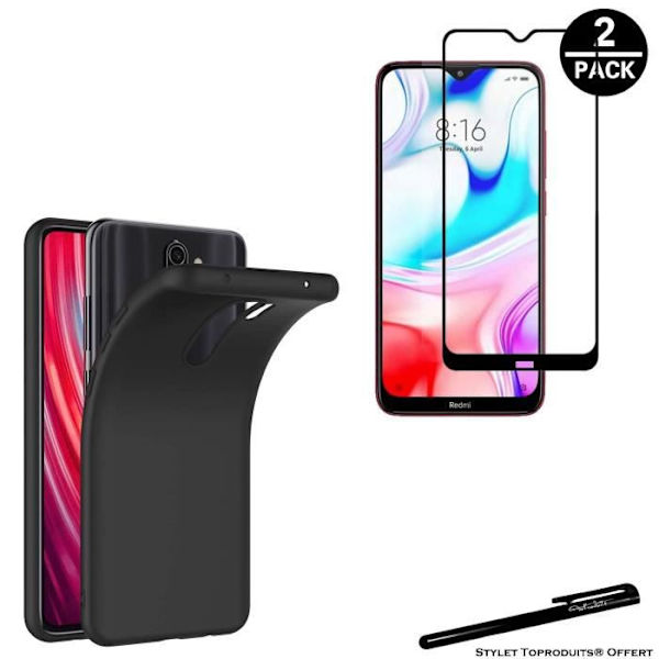 2 hærdede briller til Xiaomi Redmi 8 sorte kanter og 1 sort blød beskyttelsesskal med Stylus Toproduits®