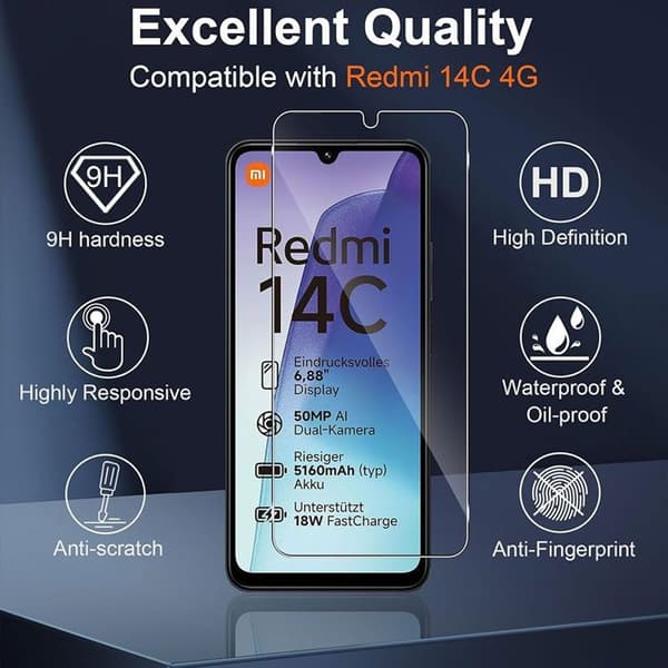 2 Tempererade Glas + 2 Kameraskydd för Xiaomi Redmi 14C - E.F.Connection® Transparent