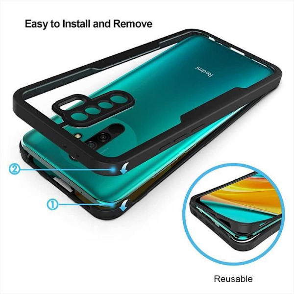 Fodral för Redmi 9 (6,53") 360 graders skydd mot repor, hård tjock förstärkt kant Svart