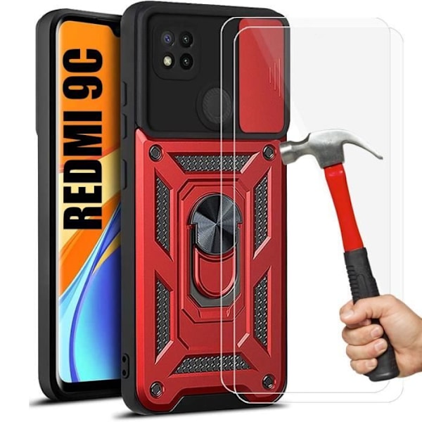 Set med 2 härdade glasögon + fodral för Redmi 9C (6,53 tum) Röd tjock arméstil, förstärkt kant och repor, stötsäker Röd