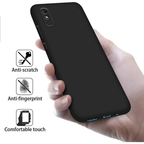 Skyddsskal - E.F.CONNECTION - för Redmi 9A - Mjukt silikon - Härdat glas - Precise skärningar Svart