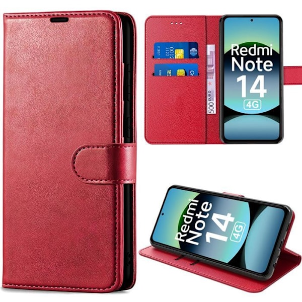 Skyddsskal för Xiaomi Redmi Note 14 4G (inte för 5G) Stötabsorberande Repfria PU-Läder Röd Röd