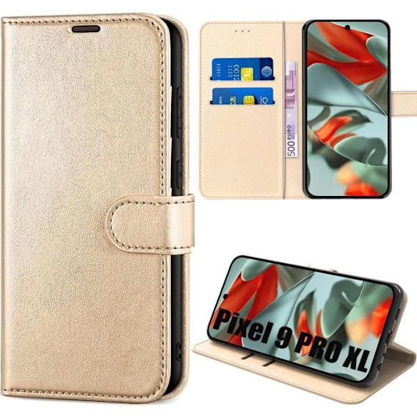 Helfodral för Google Pixel 9 Pro XL - Guldlädereffektskydd med stativ och korthållare