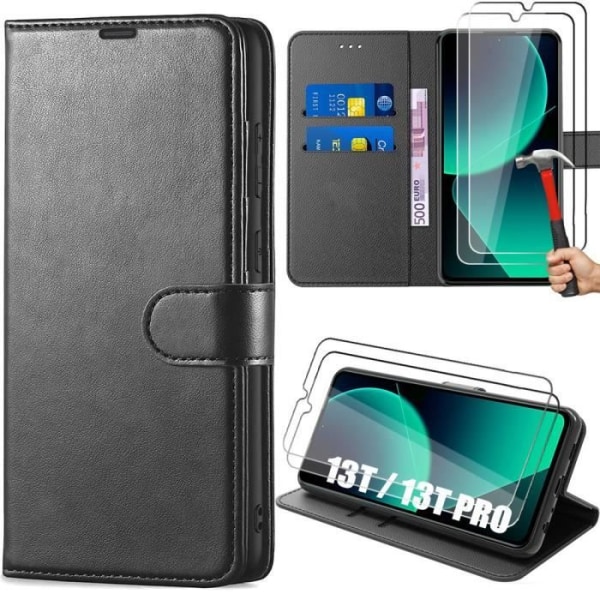 Coque + 2 Beskyttelsesglas - Xiaomi - 13T/13T Pro - Stødabsorberende Etui - PU Læder - Sort Svart