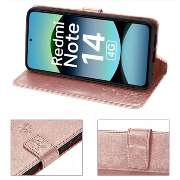 Coque til Xiaomi Redmi Note 14 4G (ikke til 5G) Beskyttelse i Syntetisk Læder Stødabsorberende Rosa Butterfly Blomster Mønster Rosa