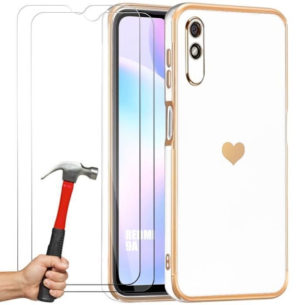 TPU-fodral för Xiaomi Redmi 9A vitt mjukt skyddshjärtamönster + 2 härdade glasögon