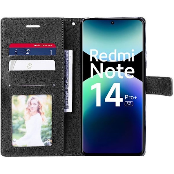 Coque + 2 Glas med Härdat Glas för Xiaomi Redmi Note 14 Pro Plus 5G / Redmi Note 14 Pro+ 5G, Repellerande PU Läder Svart Svart