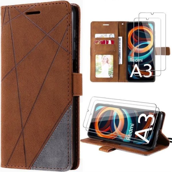 Coque + 2 Glaser i Färgat - Xiaomi - Redmi A3 - Syntetiskt Skinn - Retroeffekt - Mjuk kastanj